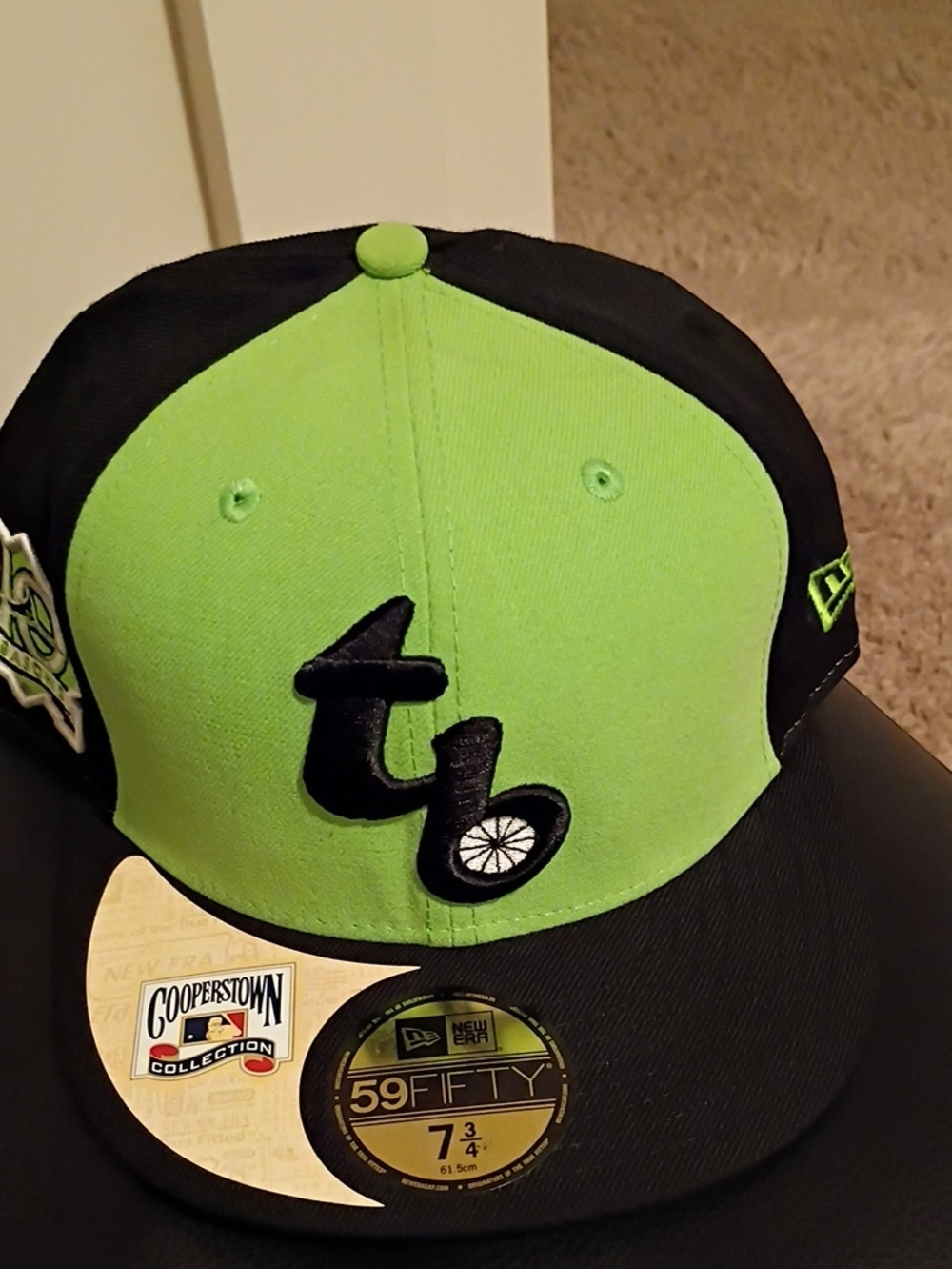 New Era Lime Green and Black Fitted Cap with 'tb' Logo